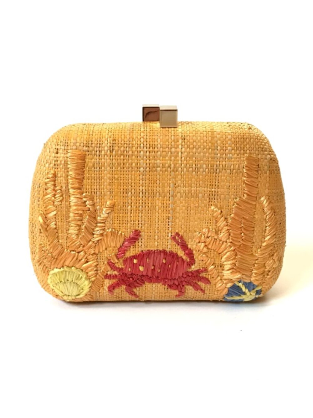 Serpui Crab Under the Sea Straw Clutch Bag Purse Crossbody Tan Beige Pink Gold